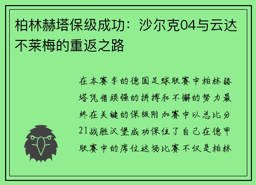 柏林赫塔保级成功：沙尔克04与云达不莱梅的重返之路